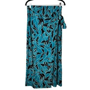 Chicos Wrap Maxi Skirt Teal Black Leaf Print High Waist Tie Waist size Large